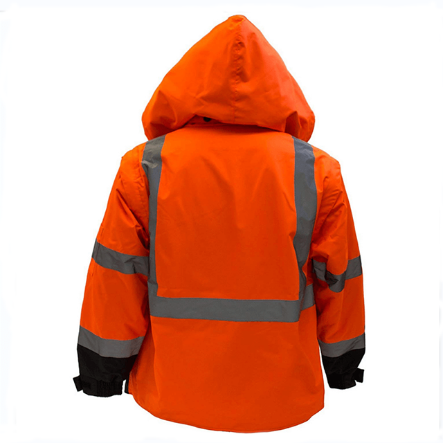 Sicherheitsjacke mit verstellbarer Kapuze in Fluo-Orange mit mehreren Taschen und schwarzer Unterseite
